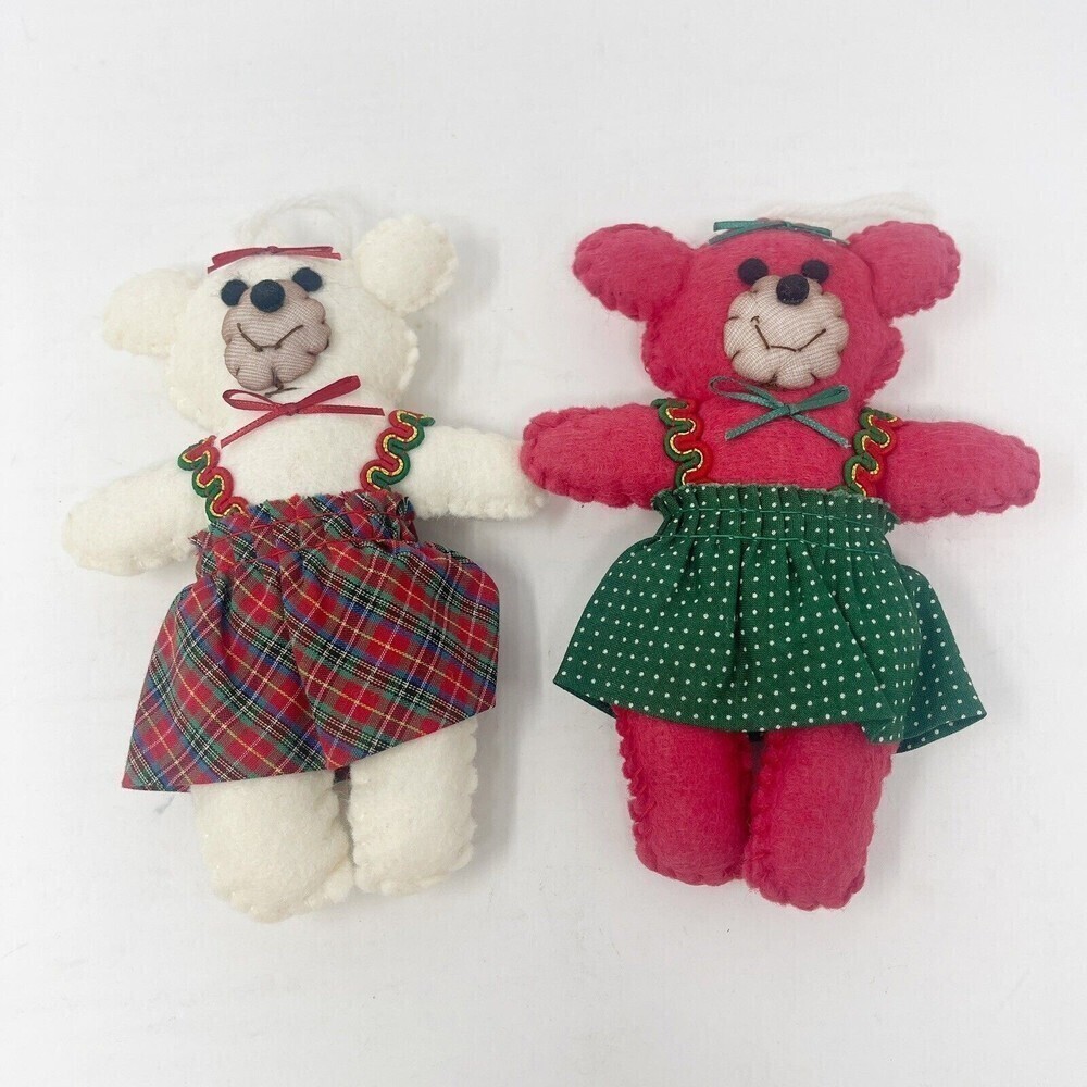 Lot Of 2‎ Vintage Felt Christmas Ornaments Teddy Bears Dresses No Sequins
